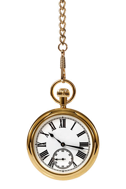 Gold pocket watch with Roman numerals on white background  stock photo