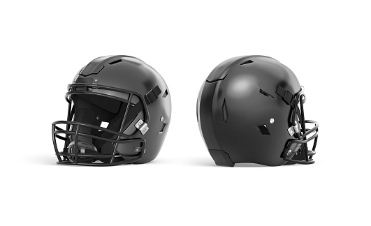 Blank black american football helmet mockup, side view, 3d rendering. Empty protective head-piece for soccer or baseball player mock up, isolated. Clear armor hat uniform for quarterback template.