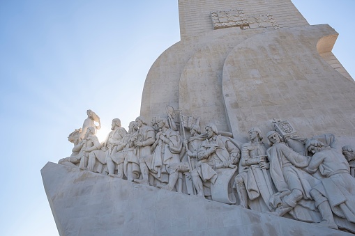 Lisbon, Portugal – August 17, 2022: The monument to the discoveries, with famous people in the history of Belem, Lisbon, Portugal, carved in stone