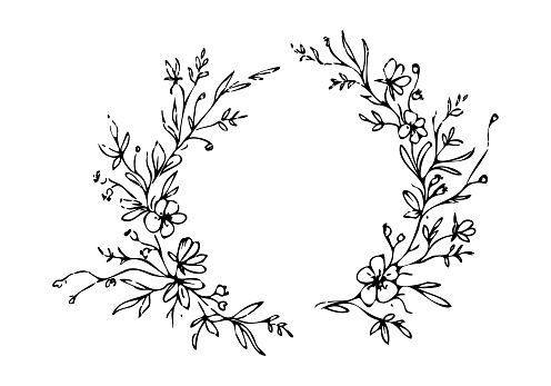Delicate floral frame of plants, branches, leaves for invitation, monogram, logo, wedding decor, greeting cards, label. Vector hand drawn illustration isolated on white background