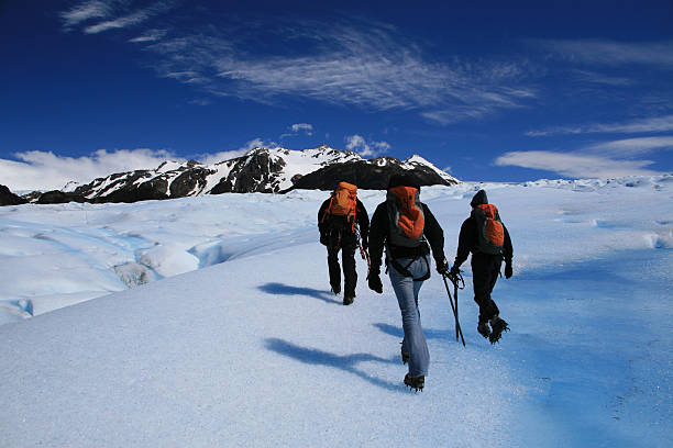 Three people hiking on a snowy glacier Ice trekking on Glacier Grey. Torres del Paine national Park. Chile tierra del fuego archipelago photos stock pictures, royalty-free photos & images