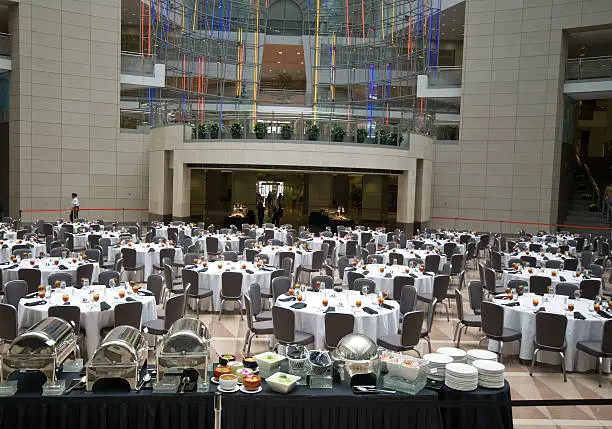 "Banquet set up in the lobby of the Ronald Reagan building, in Washington, DC"