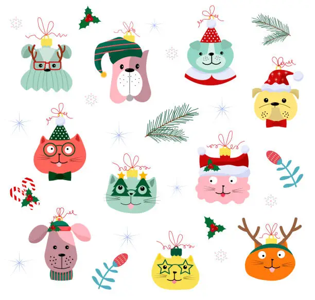 Vector illustration of Christmas balls cute animals. Muzzles of cats and dogs in funny hats and glasses. Christmas illustration.