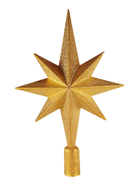 Golden Christmas star "Golden Christmas star, isolated on white, to be placed in the top of the tree. See also:" tree topper stock pictures, royalty-free photos & images