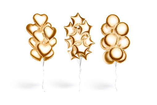 Blank gold heart star round balloon bouquet mockup, front view, 3d rendering. Empty golden decorative balloons garland mock up, isolated. Clear layered hearts column or tower for present template.