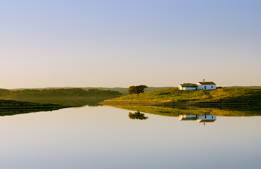 Island on the lake with rural house, Alqueva dam, Beja, Alentejo, Portugal
