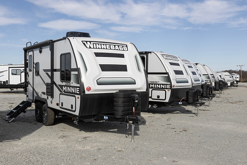 Bunker Hill - November 11, 2023: Winnebago Minnie Fifth Wheel RV. Winnebago makes RV, Fifth Wheel trailers and motorhome vehicles.