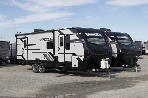 Bunker Hill - November 11, 2023: Winnebago Voyage Fifth Wheel RV. Winnebago makes RV, Fifth Wheel trailers and motorhome vehicles.