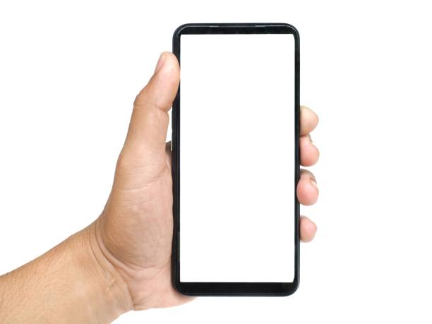 istock Male hand holding a white screen on a white background. business concept. 1793122825