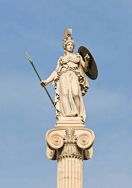 "Athena, Ancient Greeks' goddess of heroic endeavour and wisdom. The statue is located by the main entrance of the Academy of Athens, Greece.For recent, restorated version:"
