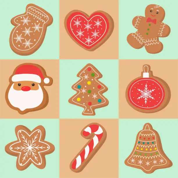 Vector illustration of A picture of a ginger cookie.A Christmas cookie print.Christmas background.Traditional cookies.Christmas trees, lollipops, Santa Claus and hearts.For wallpaper, fabric, packaging. Vector illustration