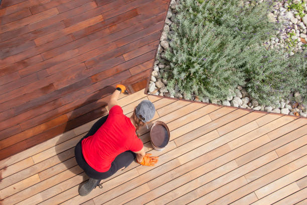 Refreshing of wood deck boards with UV protection pigment oil Refreshing of wood deck boards with UV protection pigment oil. Female staining wooden floor terrace in exterior backyard of the house patio deck stock pictures, royalty-free photos & images