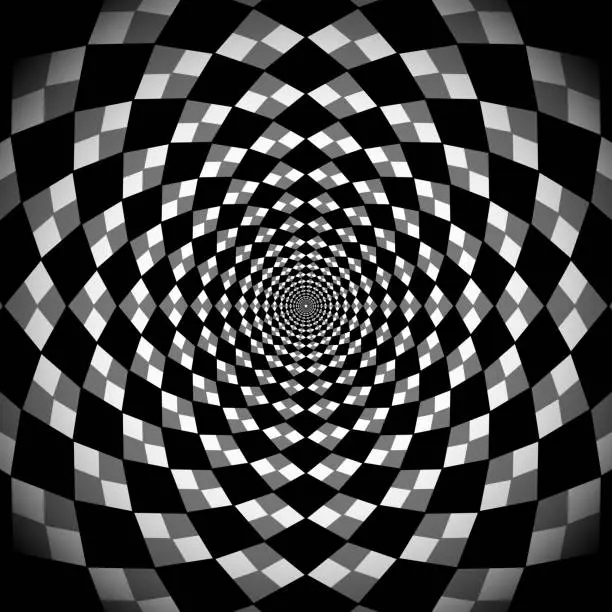 Vector illustration of Hypnotic background, optical spiral illusion. Optical Checkered Circle Classic circular Op Art design in black and white color. Vector illustration in square shape