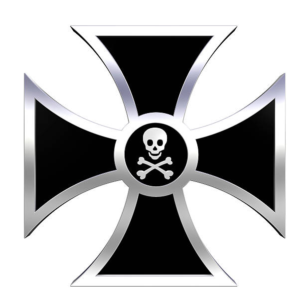 Black cross with skull and crossbones isolated on white Computer generated 3D photo rendering. iron cross stock pictures, royalty-free photos & images