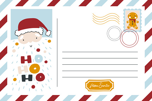 Christmas vintage postcard banner with Santa Claus. Striped border, place for text and mail stamp. Lettering Ho ho ho. Funny character in a simple hand-drawn childish style. Vector illustration