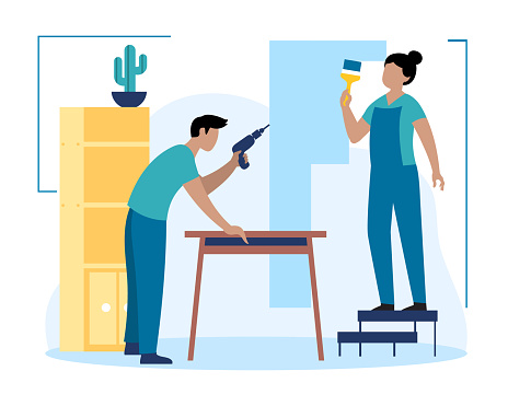 Lady in uniform painting wall, man holding drill at home. Redecorating house interior. Installing washing machine in new flat. Vector flat illustration in blue and yellow colors