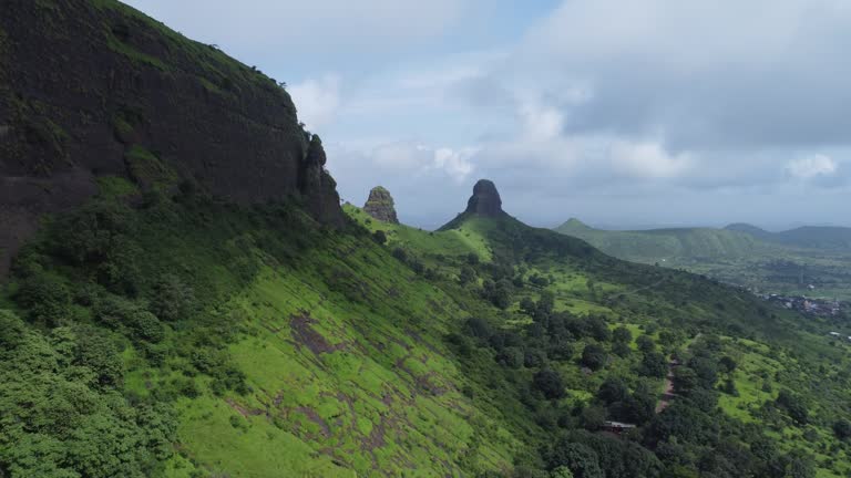 Aerial view of popular and historical tourist attraction Anjaneri Fort during monsoon in Trimbakeshwar, Nashik, Maharashtra, India
