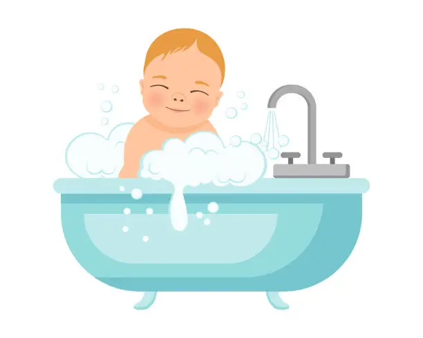 Vector illustration of Baby boy in a bath with foam. Baby shower illustration. Design for baby hygiene products.