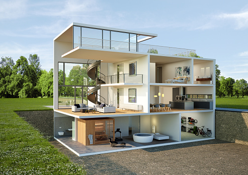 3d rendering of a modern cut house with a view of the interior