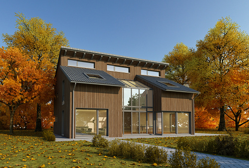 3d rendering of a modern ecological wooden house in autumn