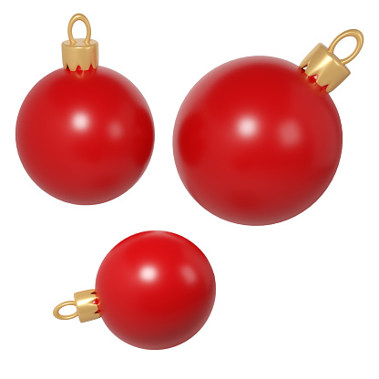 3d rendering three red Christmas balls icon. Realistic spheres for winter holidays. Toy for fir tree. Illustration for web design, greeting card, invitation.