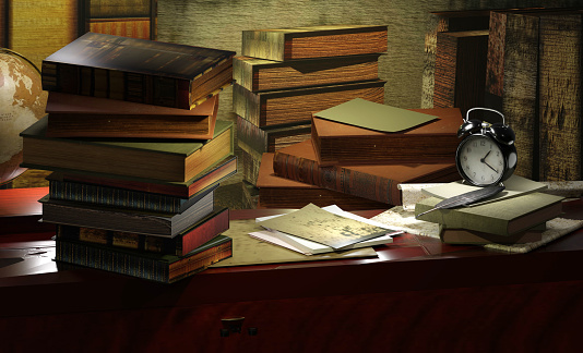 Stack of old books on wooden desk in vintage office room. 3D render illustration.