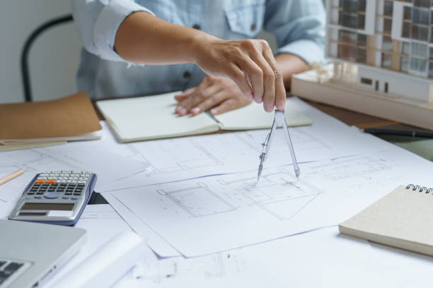 istock Architecture drawing on architectural Creative project business architecture building constructionÂ Industrial engineering. 1793161453