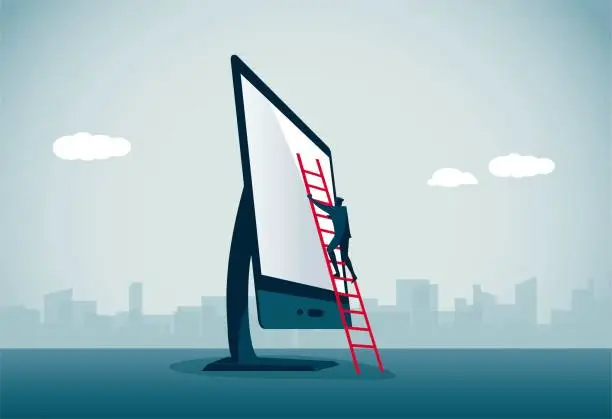 Vector illustration of Use a ladder to access the computer