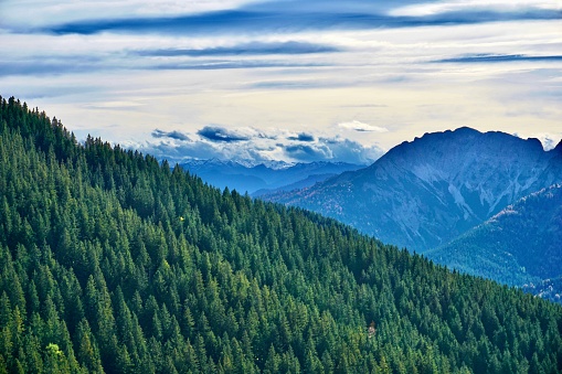 A walk through the autumn Alps. Hiking in the Bavarian Alps. A walk in the mountains. Panoramic view of the Alps. Panopama of the autumn mountains.