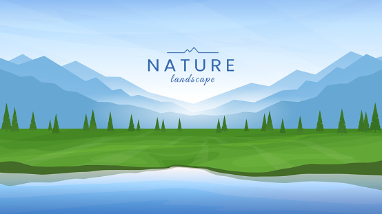 A picturesque rural landscape. River flowing around a green valley, silhouettes of mountains in the background, clear blue sky. Design for background, banner, postcard, invitation, cover. Vector illus