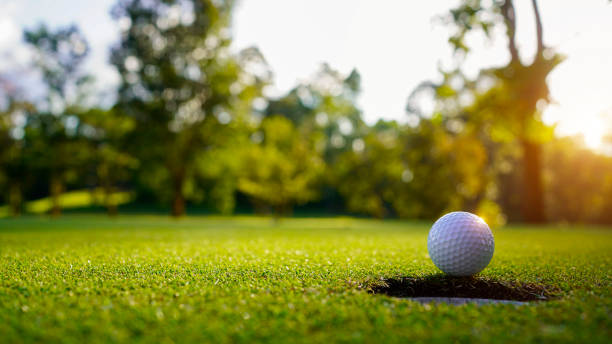 piłka golfowa na zielonej trawie wieczorem pole golfowe z nasłonecznionym tłem. - golf golf flag sunset flag zdjęcia i obrazy z banku zdjęć