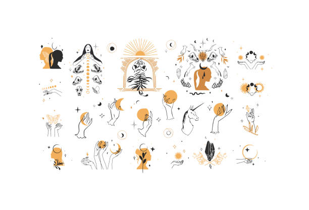 Hand drawn vector abstract graphic line illustration elements collection set,magic crescent,animals,flowers,frames,moon and human hands isolated. Mystical celestial esoteric magic design concept. Hand drawn vector abstract graphic line illustration elements collection set,magic crescent,animals,flowers,frames,moon and human hands isolated. Mystical celestial esoteric magic design concept mother earth tattoo stock illustrations