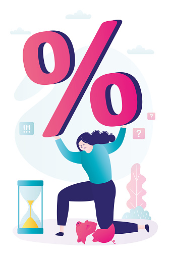 Unhappy woman is trying to lift and hold on to great burden of financial and debt burden. Female borrower cannot pay loan and debt. Money problems, bankruptcy. Crisis time. flat vector illustration
