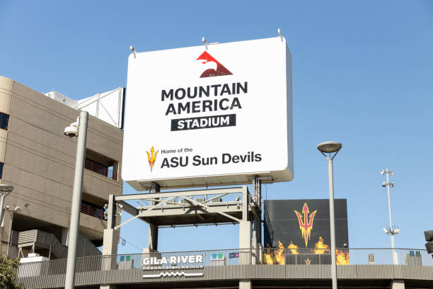 Mountain America Stadium, at Arizona State University, in Tempe, AZ. Tempe, AZ, USA - October 28, 2023: Mountain America Stadium is home to Arizona State University Sun Devil’s football team. The field, Kush Field, is named after the famous coach, Frank Kush. southwest usa architecture building exterior scottsdale stock pictures, royalty-free photos & images