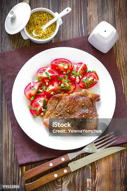 Freshly Cooked Steak With Tomato Salad And Mustard Stock Photo - Download Image Now - Appetizer, Barbecue - Meal, Beef