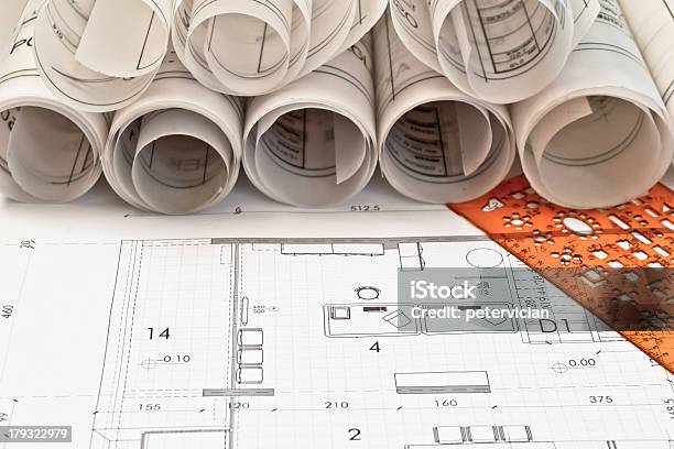 Pila De Arquitectura Diseño Y Proyecto Blueprints Dibujos Foto de stock y más banco de imágenes de Arquitecto