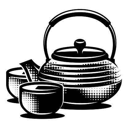 Cast iron teapot for the Chinese tea ceremony with two bowls. Editable template for design. Monochrome stylish elements.