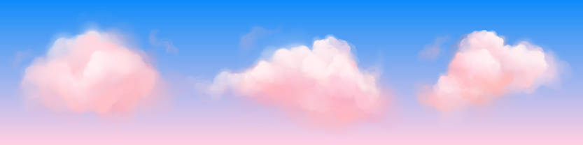 Fantasy background with pink clouds in sky. Abstract heaven texture with fluffy pastel clouds in blue sky at sunset. Cute 3d cotton candy, vector realistic illustration
