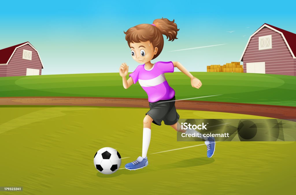 Menina jogando futebol no campo - Vetor de Adolescente royalty-free