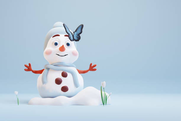 lindo muñeco de nieve de dibujos animados mirando mariposa. esperando el comienzo de la primavera. renderizado 3d - melting snowman winter spring fotografías e imágenes de stock