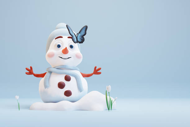 istock Cute cartoon snowman looking on butterfly. Waiting for spring beginning. 3d render 1793238969
