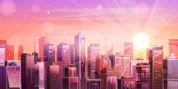 Vector illustration of Sunset city building skyline vector background