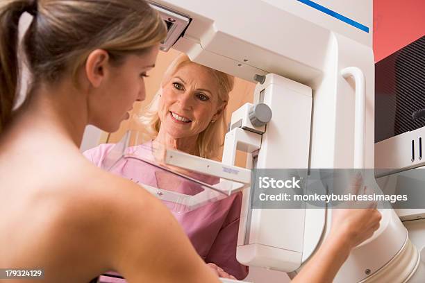 Infermiera Aiutando Il Paziente Sottoposto A Mammografia - Fotografie stock e altre immagini di Accudire