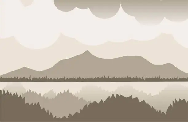 Vector illustration of Vector illustration of beautiful brown mountain landscape and forest. sunrise and sunset in the mountains.