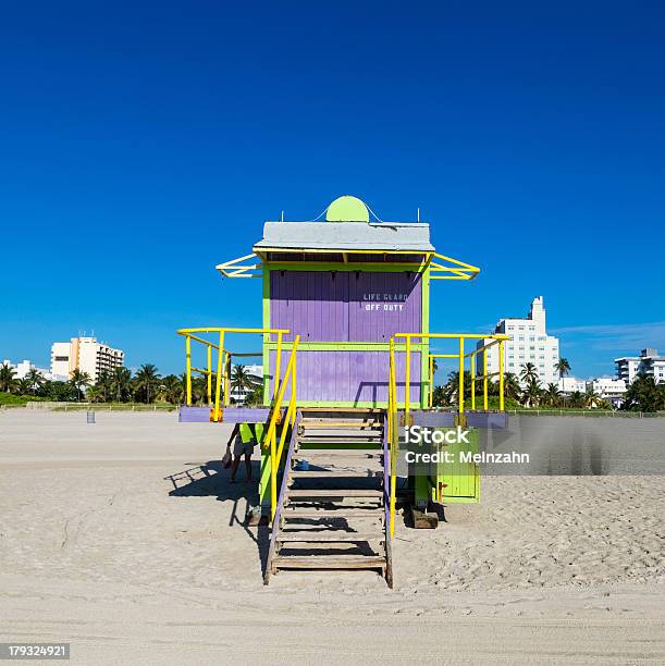 Lifeguard Cabin On Empty Beach Miami Florida Stock Photo - Download Image Now - Art Deco District - Miami, Atlantic Ocean, Beach