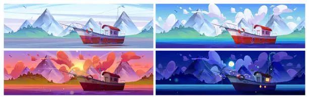 Vector illustration of Ship in ocean at night, sunset, dawn and day time