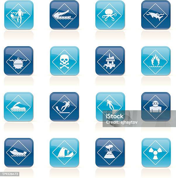Предупреждающие Знаки Опасности В Море Океан Пляж И Рек — стоковая векторная графика и другие изображения на тему Акула