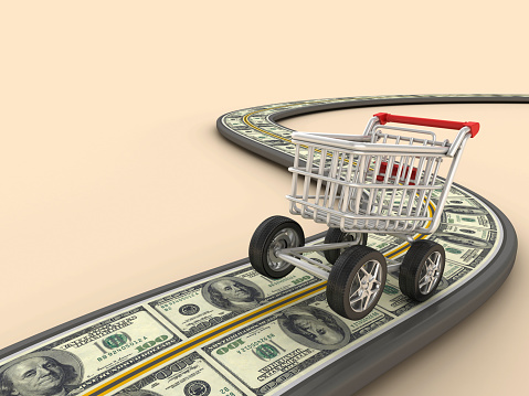 3D Road with Dollar Bills and Shopping Cart - Color Background - 3D Rendering