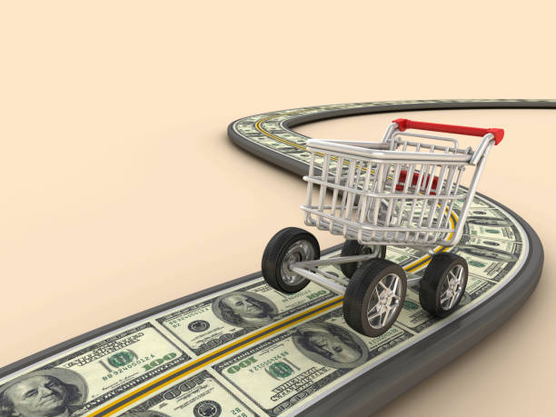 3d-дорога с долларовыми купюрами и тележкой для покупок - three dimensional shape paper currency wealth shopping cart стоковые фото и изображения