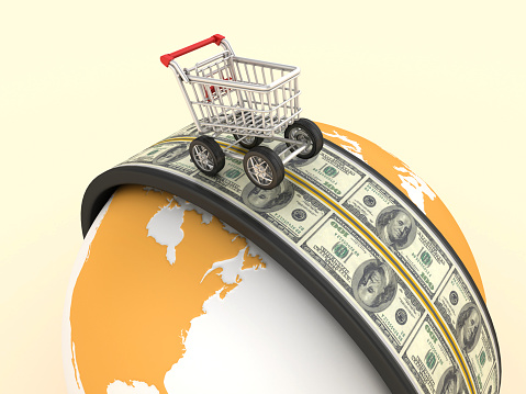 3D Road with Dollar Bills and Shopping Cart around the World - Color Background - 3D Rendering